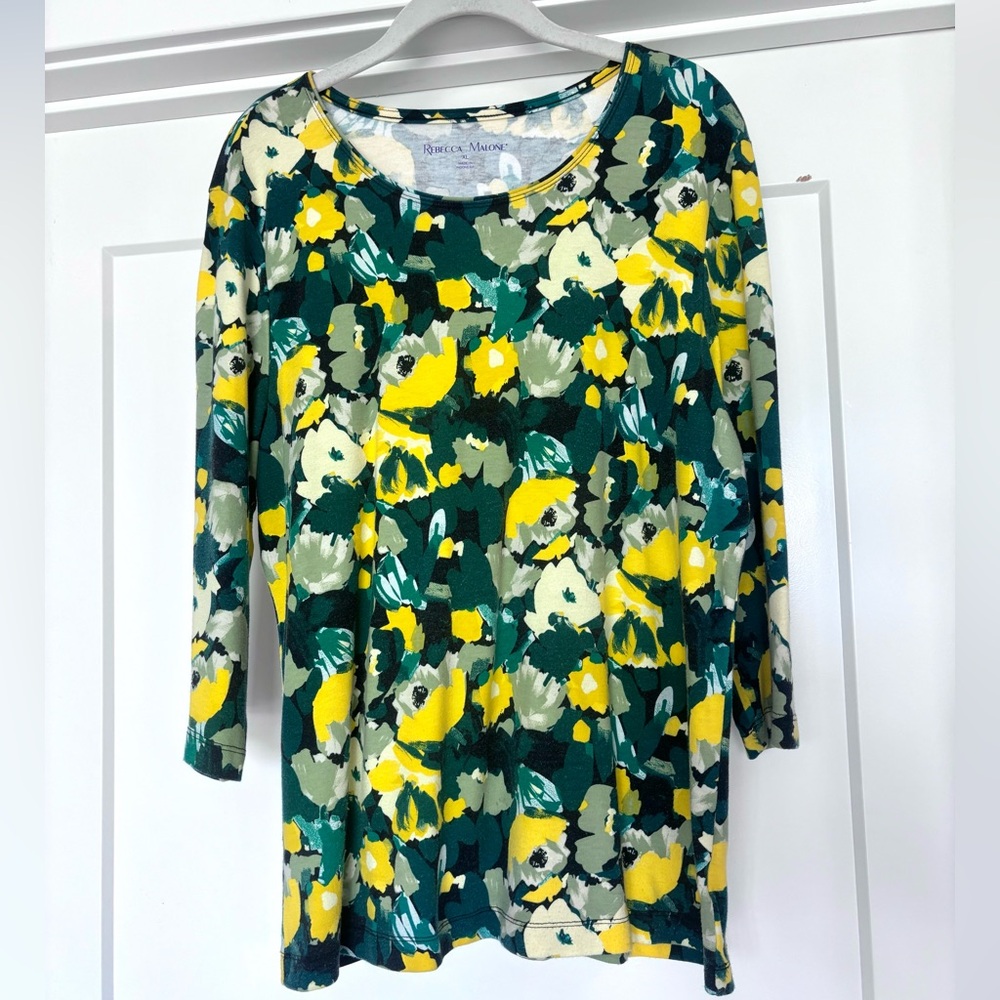 Rebecca Malone Green & Yellow Floral 3/4 Sleeve Sleeve Blouse Top Sz XL